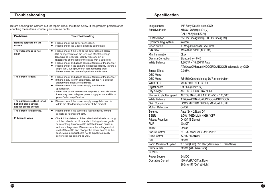 Troubleshooting 7. specification | IC Realtime 520TVL Super Night Vision Outdoor AF 30X Zoom Camera (EL8000IR) User Manual | Page 8 / 10