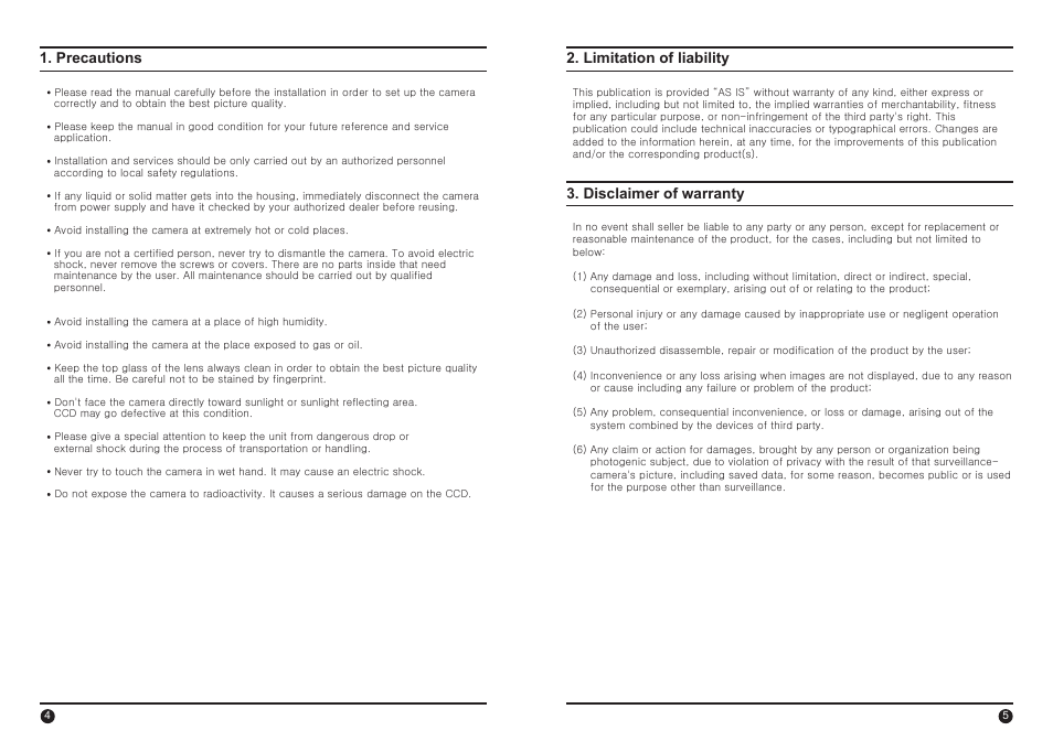 Precautions 2. limitation of liability, Disclaimer of warranty | IC Realtime 600TVL Long Range IR Turret Camera With Powered Zoom Lens, WDR, RS-485 (EL800) User Manual | Page 3 / 16
