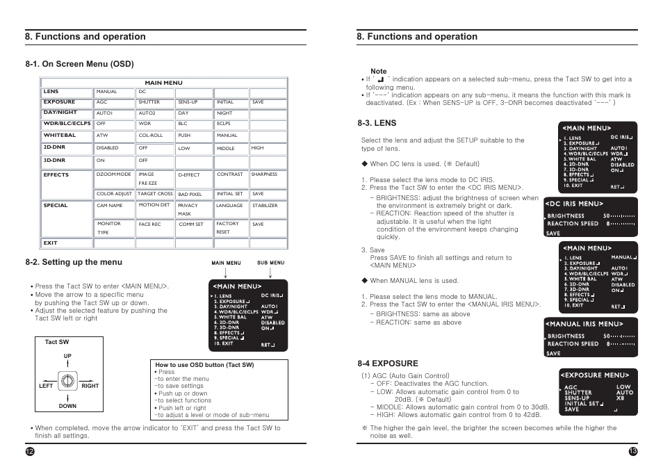 Functions and operation, 1. on screen menu (osd) 8-2. setting up the menu, 3. lens 8-4 exposure | IC Realtime 600TVL Long Range IR Turret Camera With Powered Zoom Lens, WDR, RS-485 (EL800) User Manual | Page 7 / 16