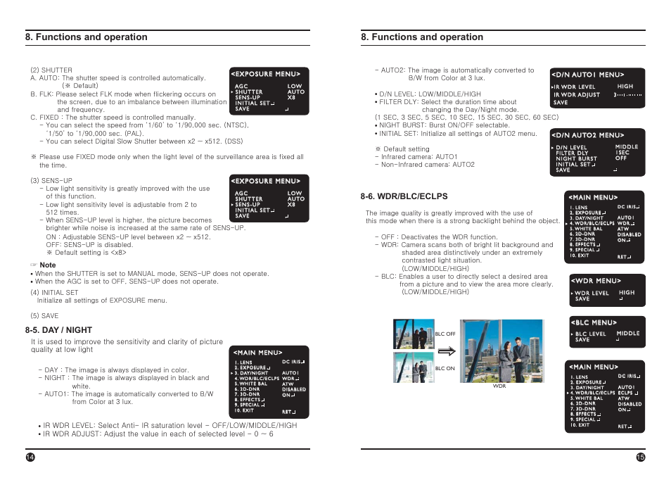 Functions and operation, 5. day / night 8-6. wdr/blc/eclps | IC Realtime 600TVL Long Range IR Turret Camera With Powered Zoom Lens, WDR, RS-485 (EL800) User Manual | Page 8 / 16