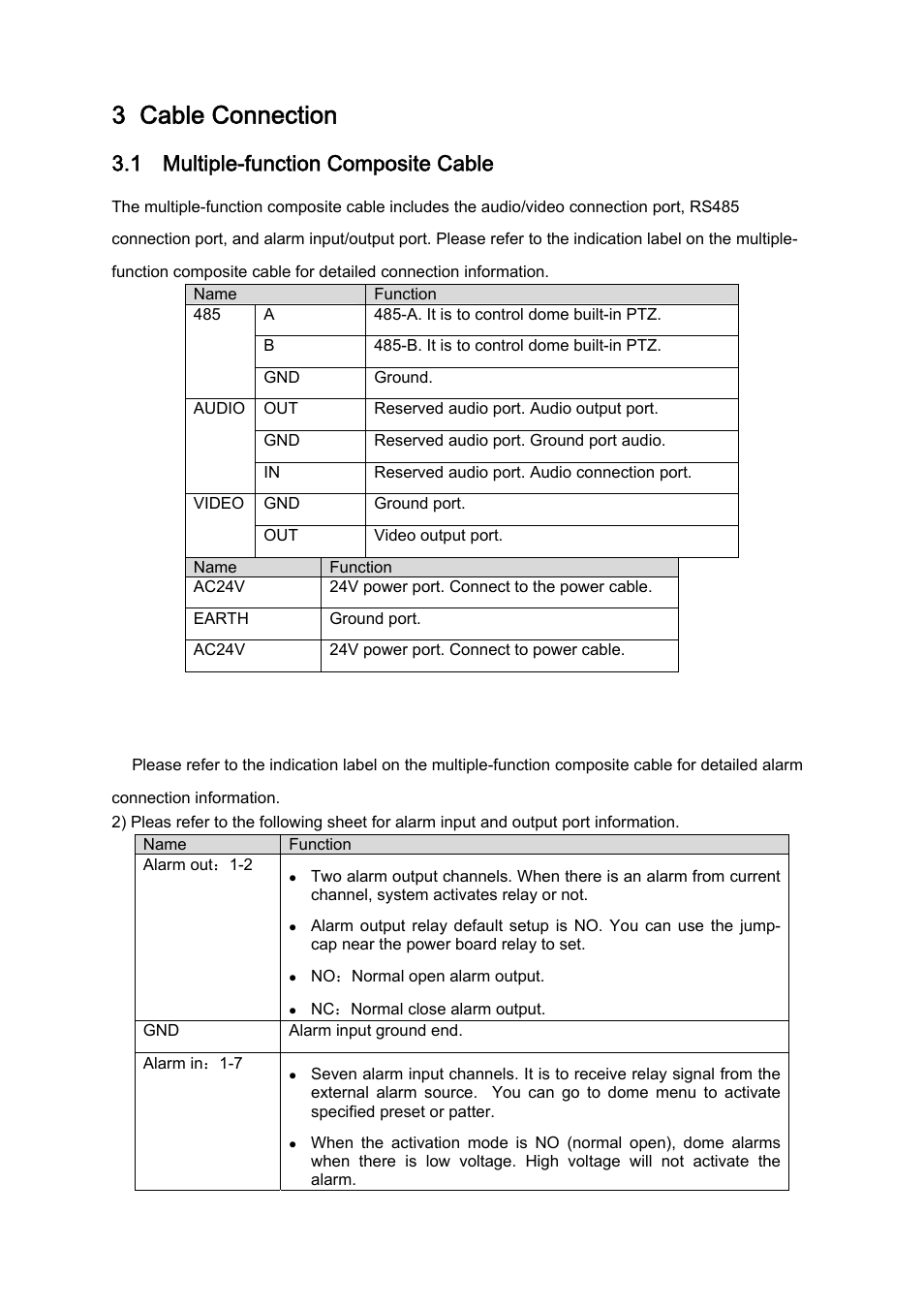 3 cable connection, 1 multiple-function composite cable, 2 alarm cable connection | IC Realtime PTZ-2801WDR: High Speed PTZ Dome Camera with 28X Zoom User Manual | Page 15 / 41