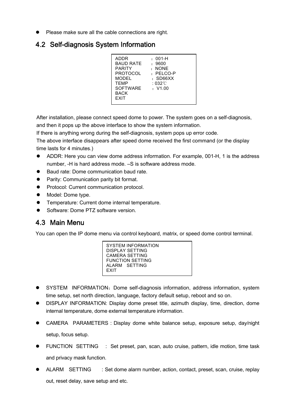 2 self-diagnosis system information, 3 main menu | IC Realtime PTZ-2801WDR: High Speed PTZ Dome Camera with 28X Zoom User Manual | Page 20 / 41
