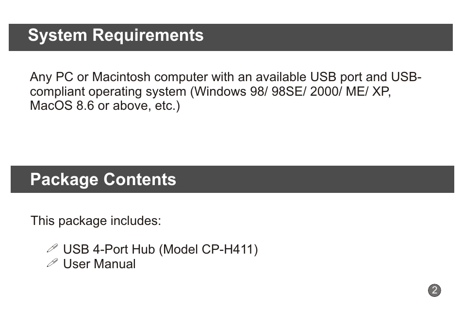 System requirements, Package contents | CyberPower Systems CyberPower CP CP-H411 User Manual | Page 4 / 12
