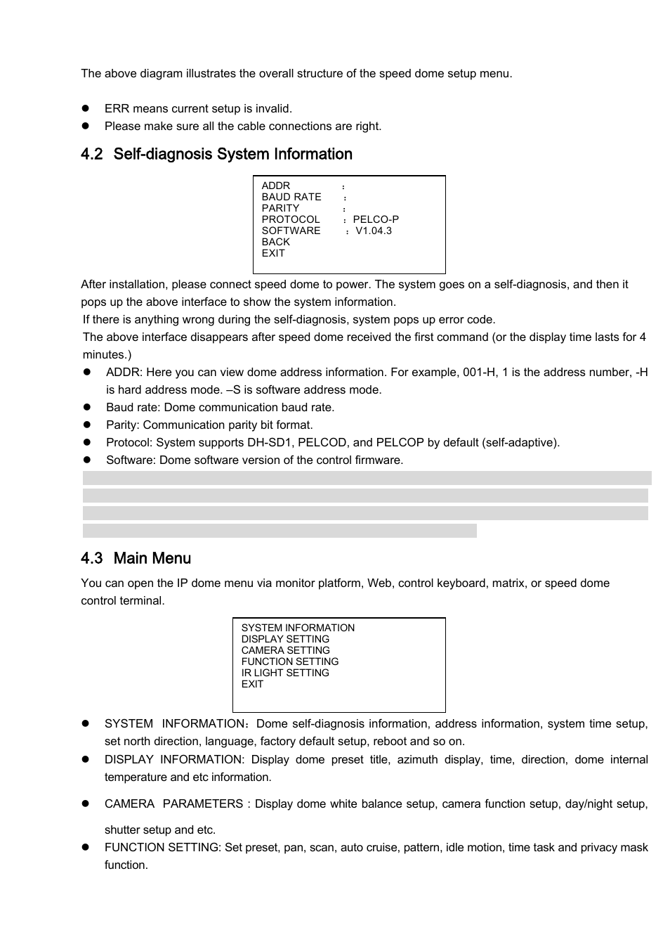 2 self-diagnosis system information, 3 main menu | IC Realtime PTZ-2801WDR: High Speed PTZ Dome Camera with 28X Zoom User Manual | Page 19 / 40