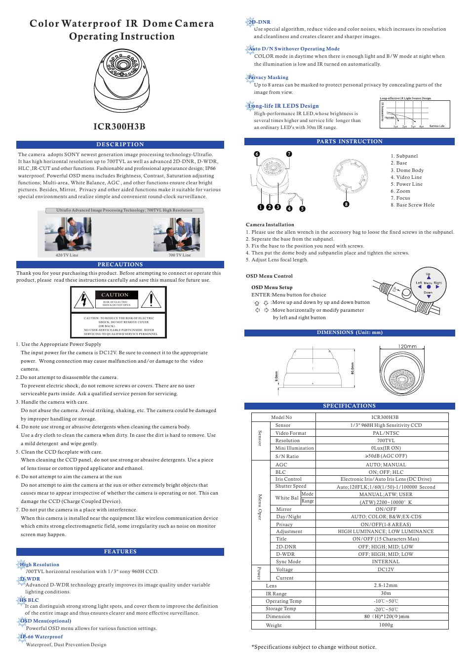 IC Realtime 700TVL Weatherproof Vandal Proof IR Dome (ICR300H3) User Manual | 2 pages