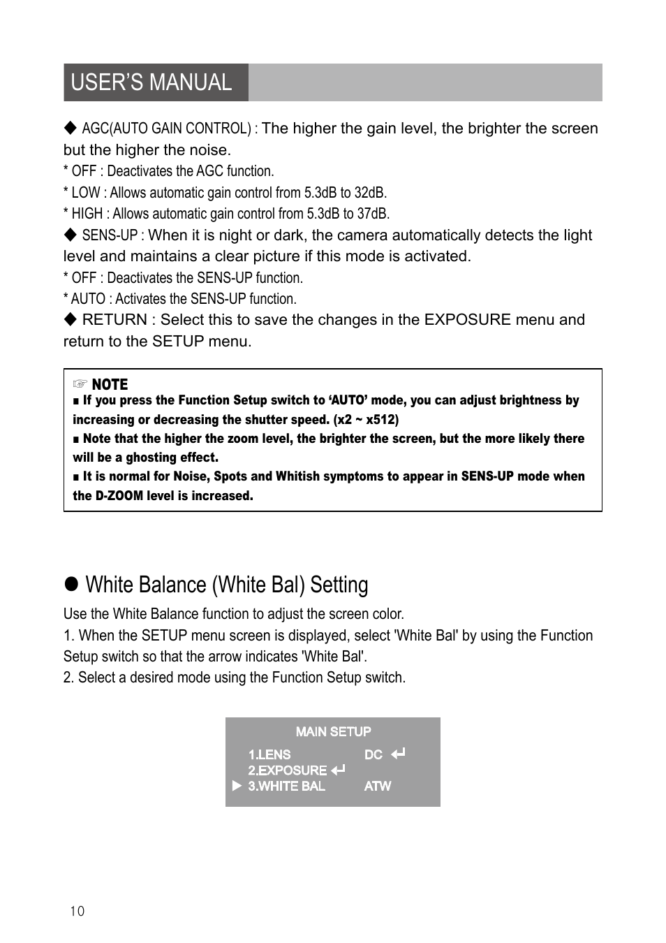 User’s manual, White balance (white bal) setting | IC Realtime 600TVL DNR Dome Day/Night Weather-proof IR Camera (EL790) User Manual | Page 10 / 22