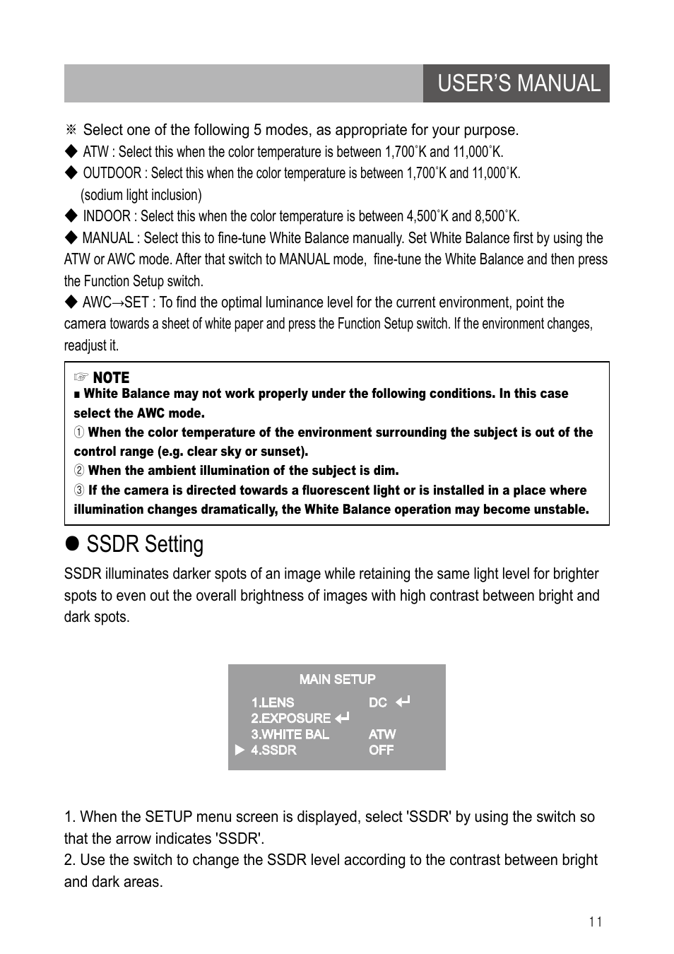 User’s manual, Ssdr setting | IC Realtime 600TVL DNR Dome Day/Night Weather-proof IR Camera (EL790) User Manual | Page 11 / 22