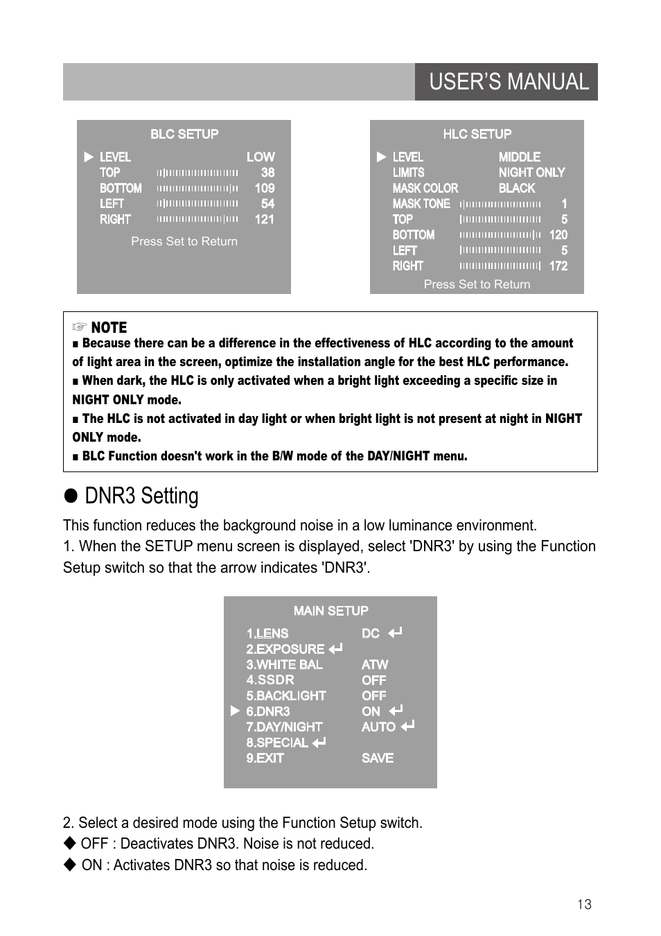 User’s manual, Dnr3 setting | IC Realtime 600TVL DNR Dome Day/Night Weather-proof IR Camera (EL790) User Manual | Page 13 / 22