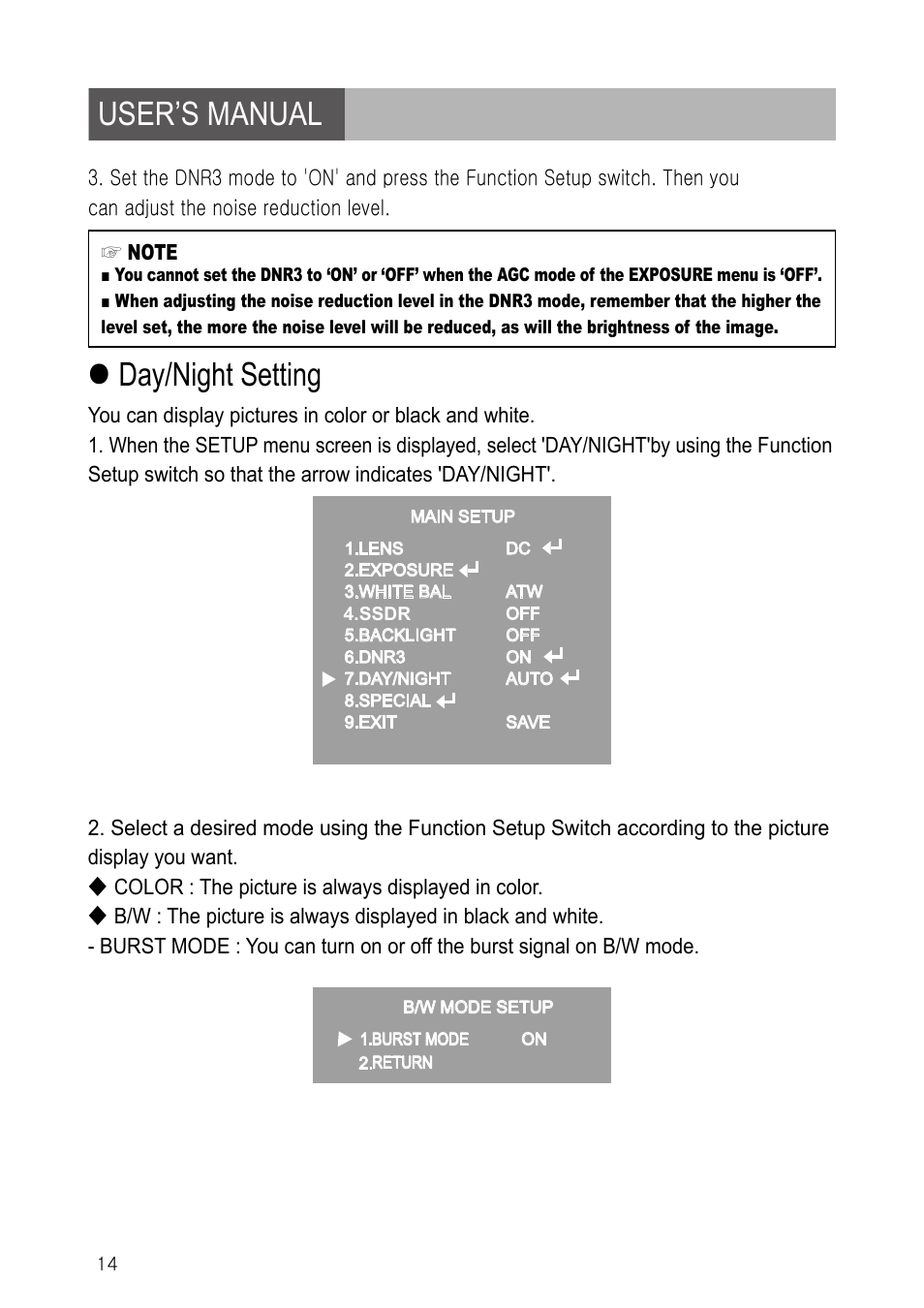 User’s manual, Day/night setting | IC Realtime 600TVL DNR Dome Day/Night Weather-proof IR Camera (EL790) User Manual | Page 14 / 22