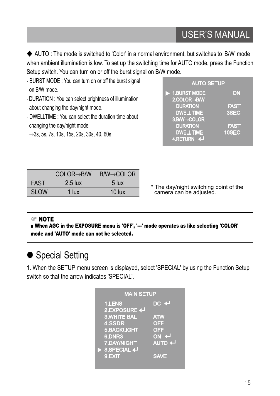 User’s manual, Special setting | IC Realtime 600TVL DNR Dome Day/Night Weather-proof IR Camera (EL790) User Manual | Page 15 / 22