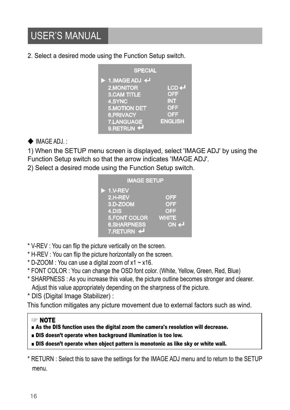 User’s manual | IC Realtime 600TVL DNR Dome Day/Night Weather-proof IR Camera (EL790) User Manual | Page 16 / 22