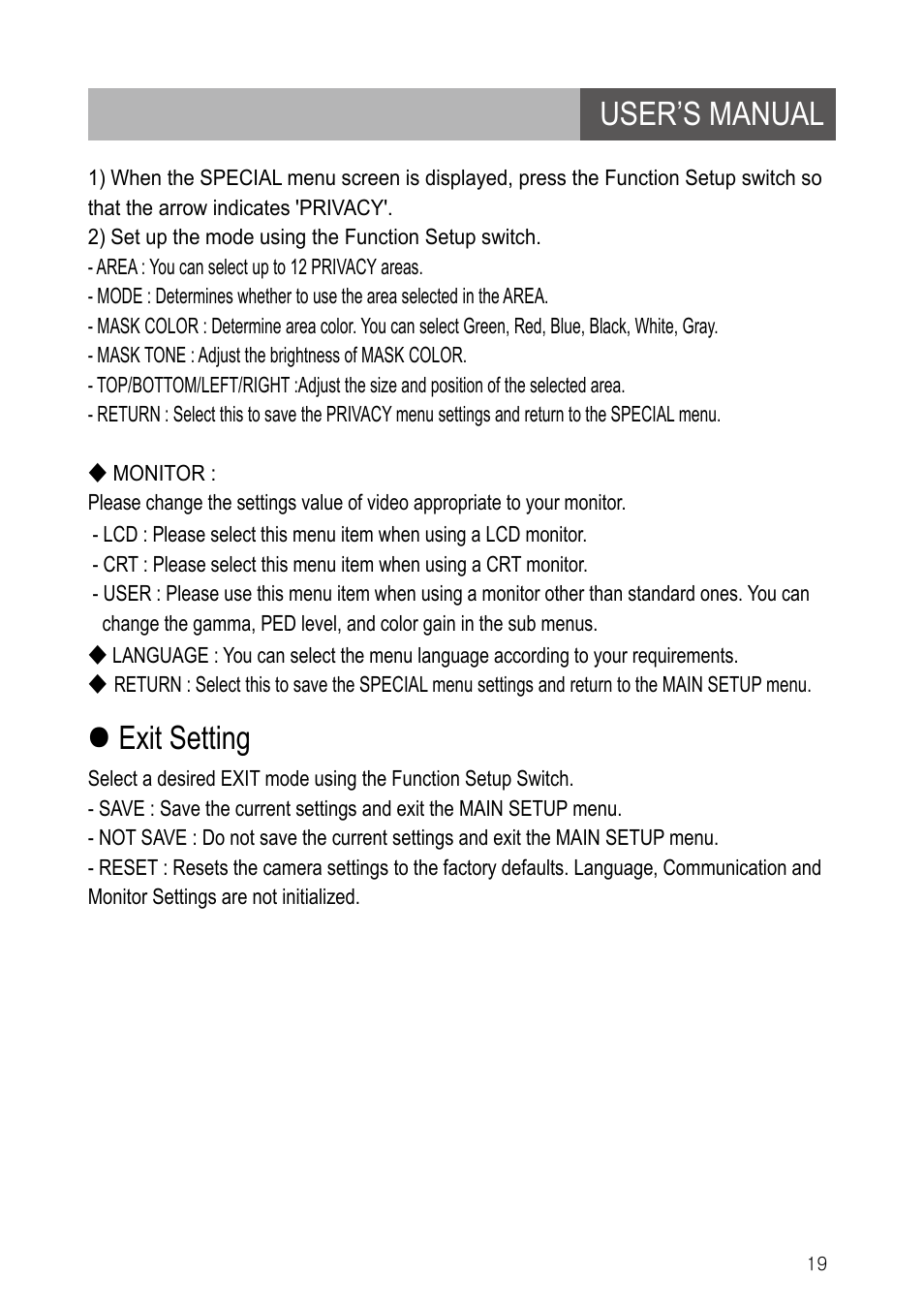 User’s manual, Exit setting | IC Realtime 600TVL DNR Dome Day/Night Weather-proof IR Camera (EL790) User Manual | Page 19 / 22