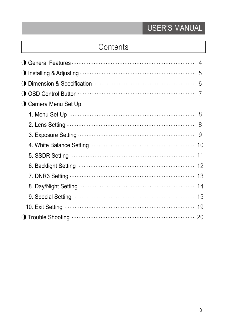 User’s manual contents | IC Realtime 600TVL DNR Dome Day/Night Weather-proof IR Camera (EL790) User Manual | Page 3 / 22