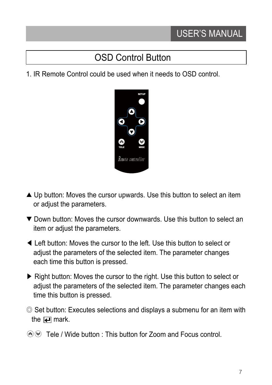 User’s manual osd control button | IC Realtime 600TVL DNR Dome Day/Night Weather-proof IR Camera (EL790) User Manual | Page 7 / 22