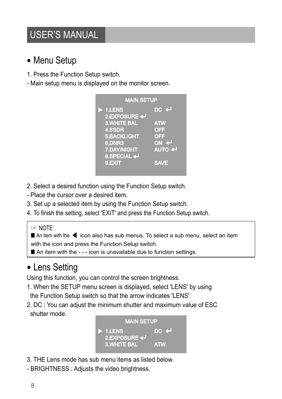 User’s manual, Menu setup, Lens setting | IC Realtime 600TVL DNR Dome Day/Night Weather-proof IR Camera (EL790) User Manual | Page 8 / 22