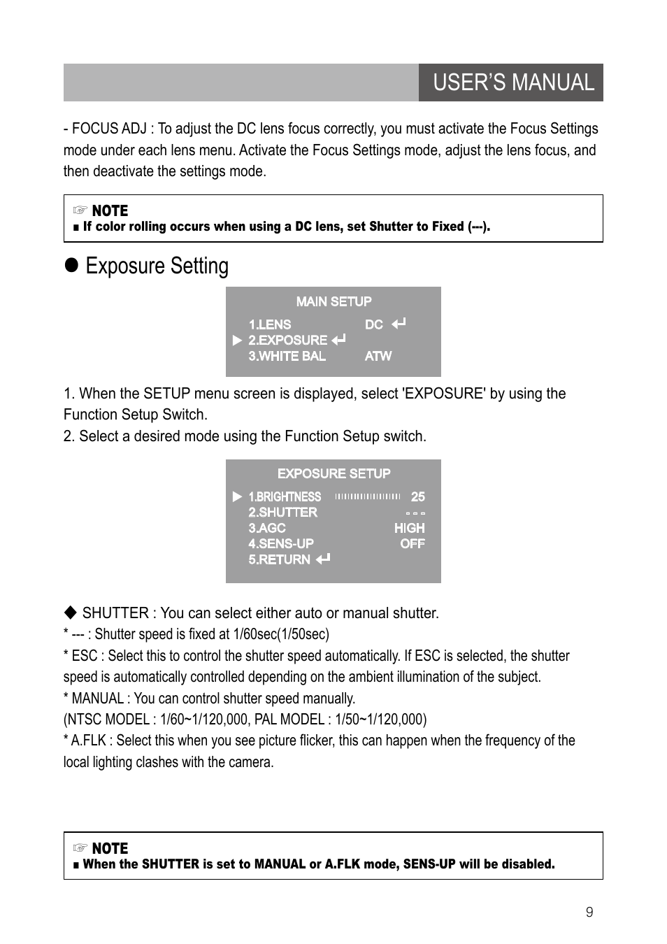 User’s manual, Exposure setting | IC Realtime 600TVL DNR Dome Day/Night Weather-proof IR Camera (EL790) User Manual | Page 9 / 22