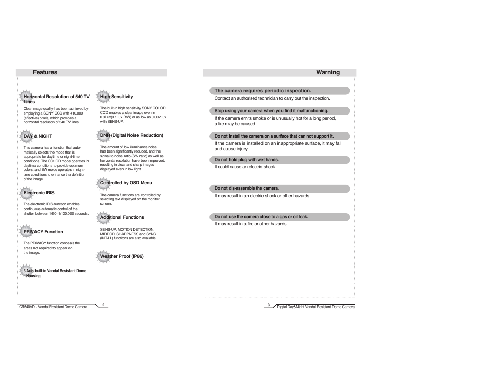 Features, Warning | IC Realtime High Resolution Vari-Focal Day/Night Dome Camera (ICR540VD) User Manual | Page 3 / 18
