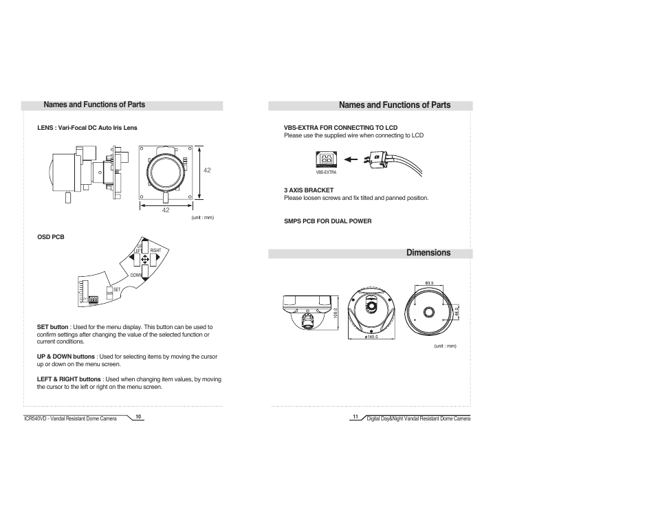 Names and functions of parts dimensions, Names and functions of parts | IC Realtime High Resolution Vari-Focal Day/Night Dome Camera (ICR540VD) User Manual | Page 7 / 18