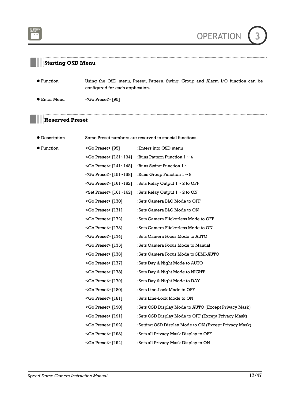 Operation | IC Realtime 22X Optical / 10X Digital Zoom High Res Day/Night Speed Dome-24VAC (ICR2200DN) User Manual | Page 17 / 47