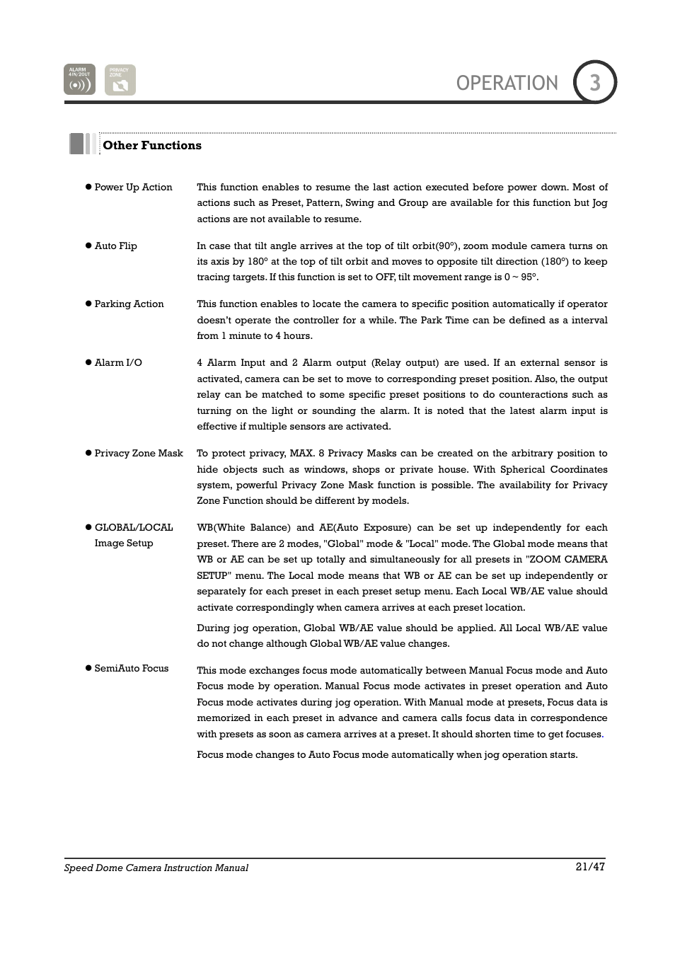 Operation | IC Realtime 22X Optical / 10X Digital Zoom High Res Day/Night Speed Dome-24VAC (ICR2200DN) User Manual | Page 21 / 47