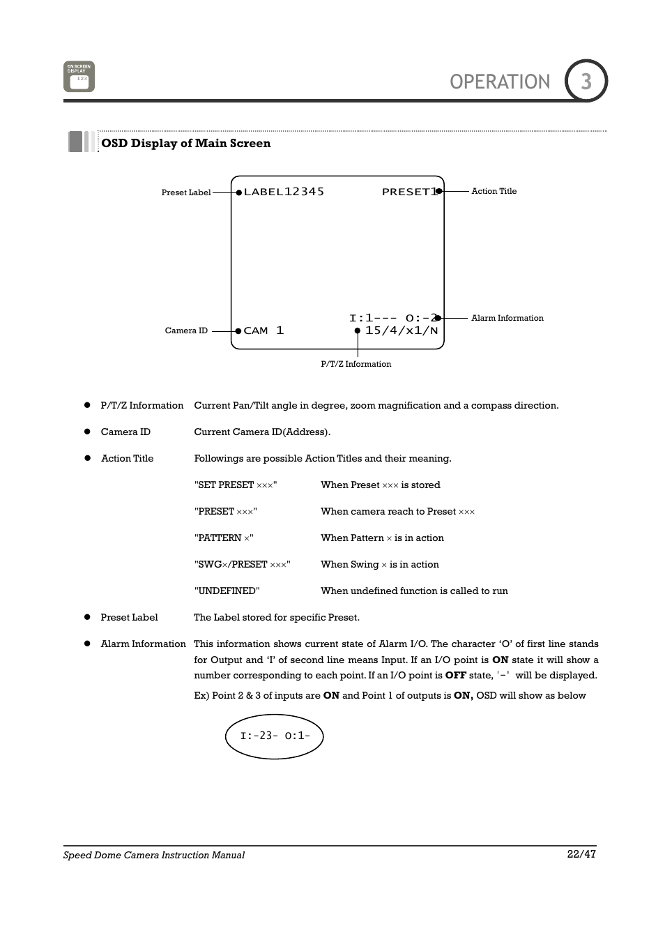 Operation | IC Realtime 22X Optical / 10X Digital Zoom High Res Day/Night Speed Dome-24VAC (ICR2200DN) User Manual | Page 22 / 47