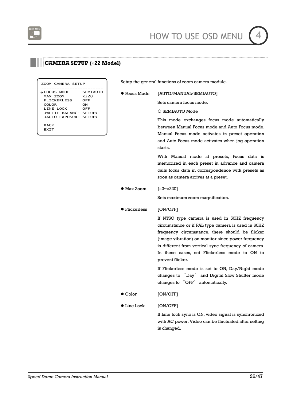 How to use osd menu | IC Realtime 22X Optical / 10X Digital Zoom High Res Day/Night Speed Dome-24VAC (ICR2200DN) User Manual | Page 26 / 47