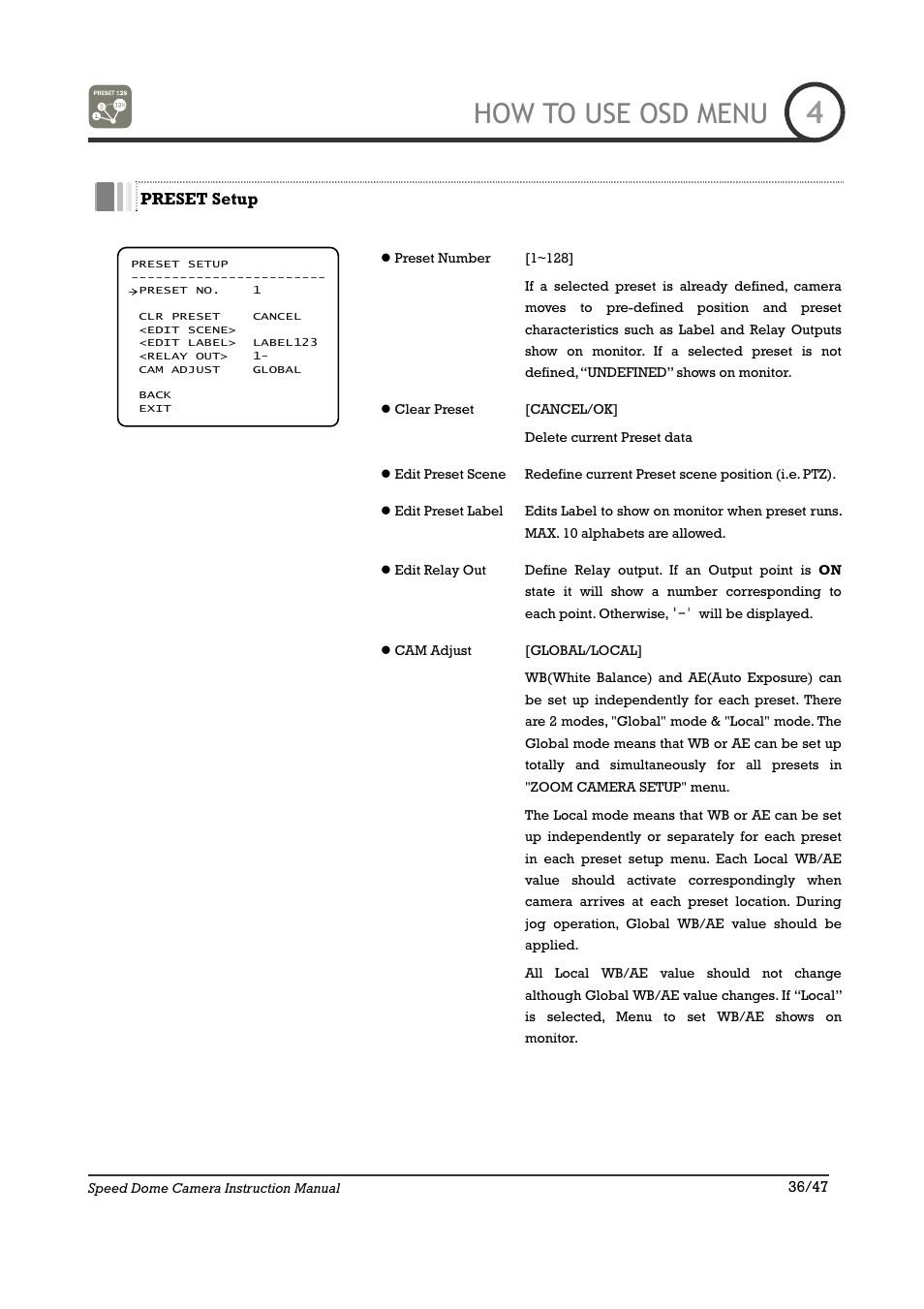 How to use osd menu | IC Realtime 22X Optical / 10X Digital Zoom High Res Day/Night Speed Dome-24VAC (ICR2200DN) User Manual | Page 36 / 47