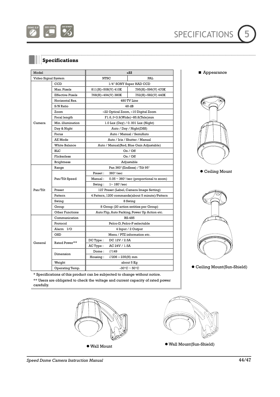 Specifications | IC Realtime 22X Optical / 10X Digital Zoom High Res Day/Night Speed Dome-24VAC (ICR2200DN) User Manual | Page 44 / 47
