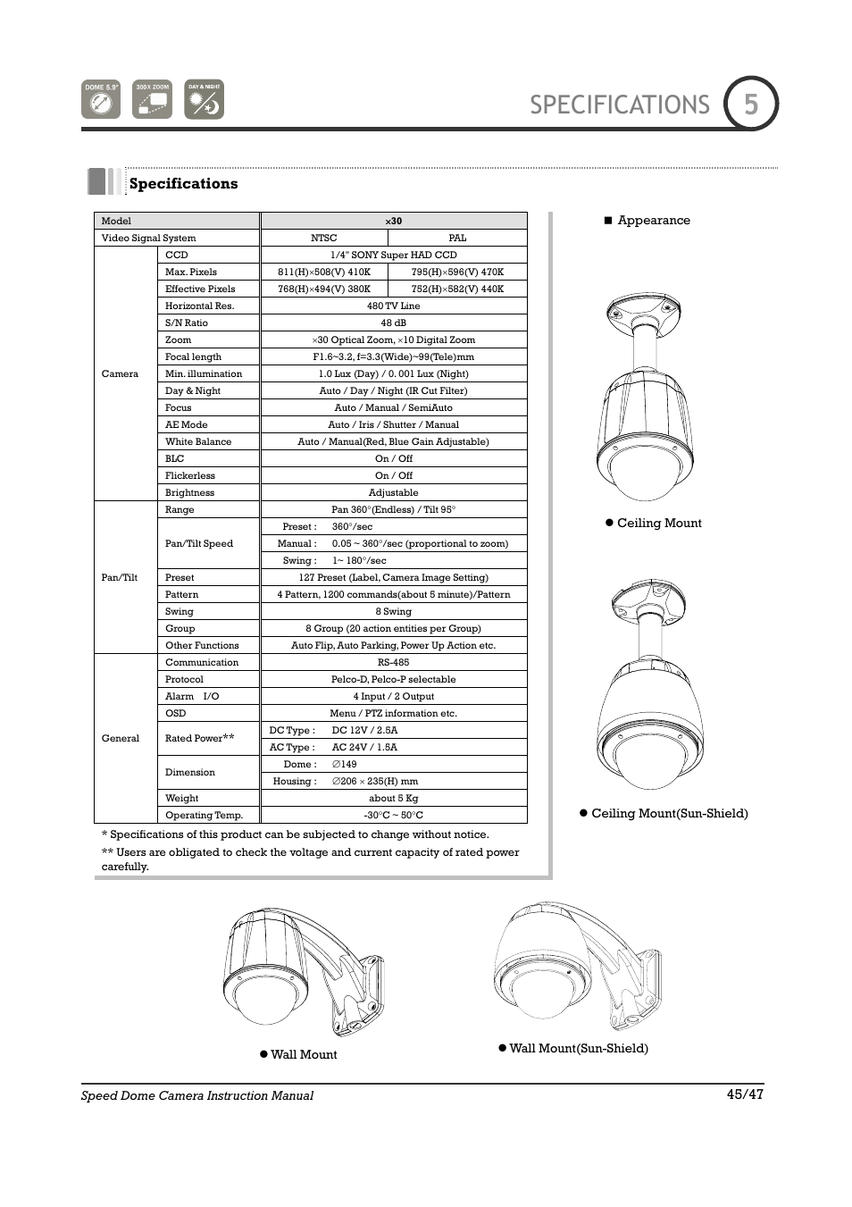Specifications | IC Realtime 22X Optical / 10X Digital Zoom High Res Day/Night Speed Dome-24VAC (ICR2200DN) User Manual | Page 45 / 47