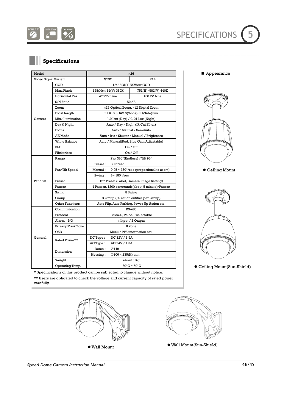 Specifications | IC Realtime 22X Optical / 10X Digital Zoom High Res Day/Night Speed Dome-24VAC (ICR2200DN) User Manual | Page 46 / 47