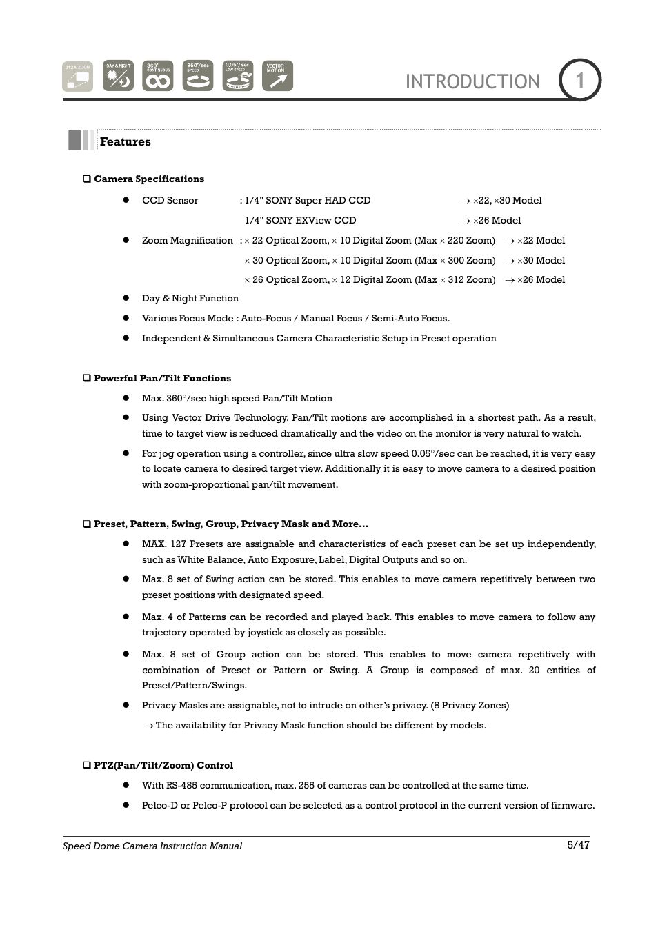 Introduction | IC Realtime 22X Optical / 10X Digital Zoom High Res Day/Night Speed Dome-24VAC (ICR2200DN) User Manual | Page 5 / 47