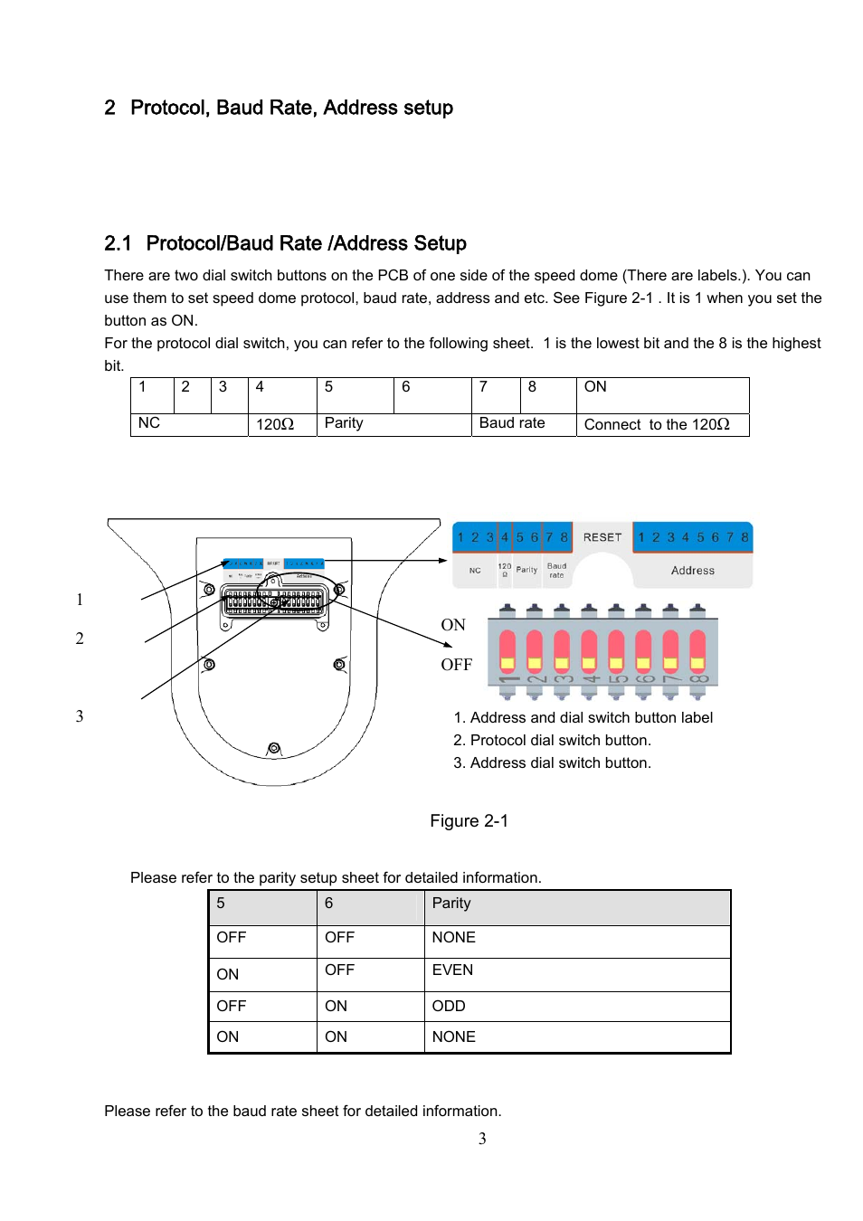 2 protocol, baud rate, address setup, 1 protocol/baud rate /address setup | IC Realtime 540TVL 23x High Speed PTZ Camera with 250' IR User Manual | Page 10 / 34