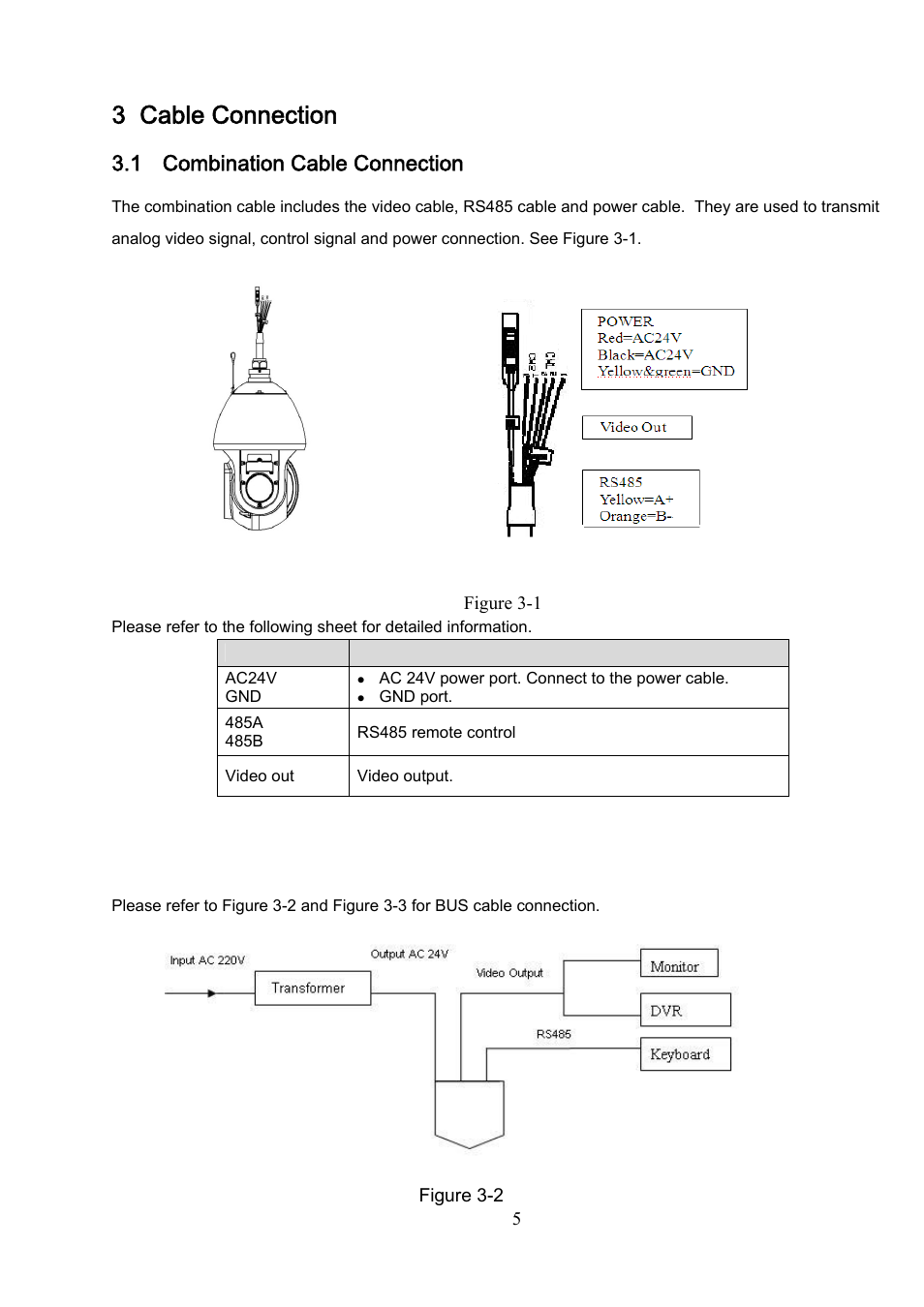 3 cable connection, 1 combination cable connection, 2 system layout | IC Realtime 540TVL 23x High Speed PTZ Camera with 250' IR User Manual | Page 12 / 34