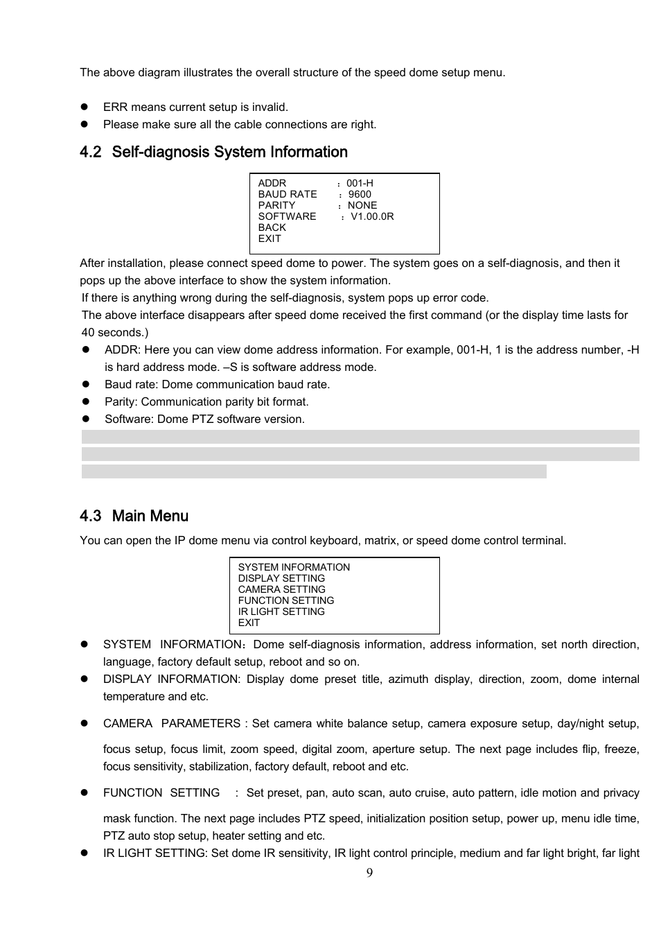 2 self-diagnosis system information, 3 main menu | IC Realtime 540TVL 23x High Speed PTZ Camera with 250' IR User Manual | Page 16 / 34