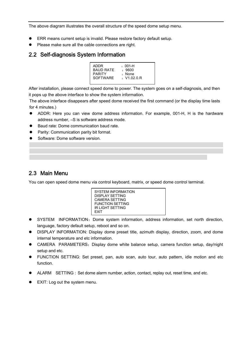 2 self-diagnosis system information, 3 main menu, 4 menu operation | IC Realtime 23x Mini PTZ Dome Camera User Manual | Page 10 / 28