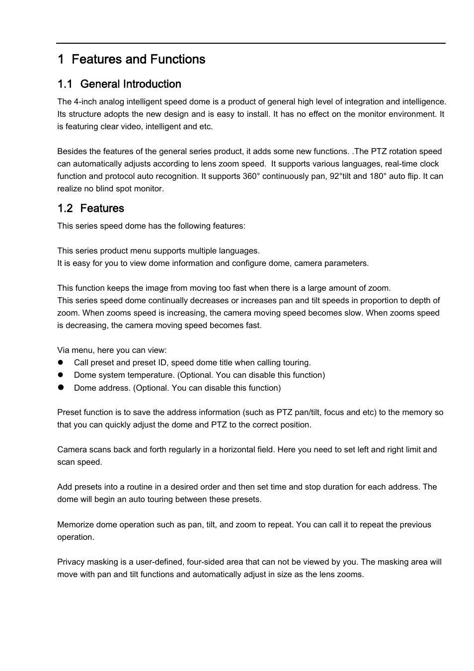 1 features and functions, 1 general introduction, 2 features | IC Realtime 23x Mini PTZ Dome Camera User Manual | Page 7 / 28