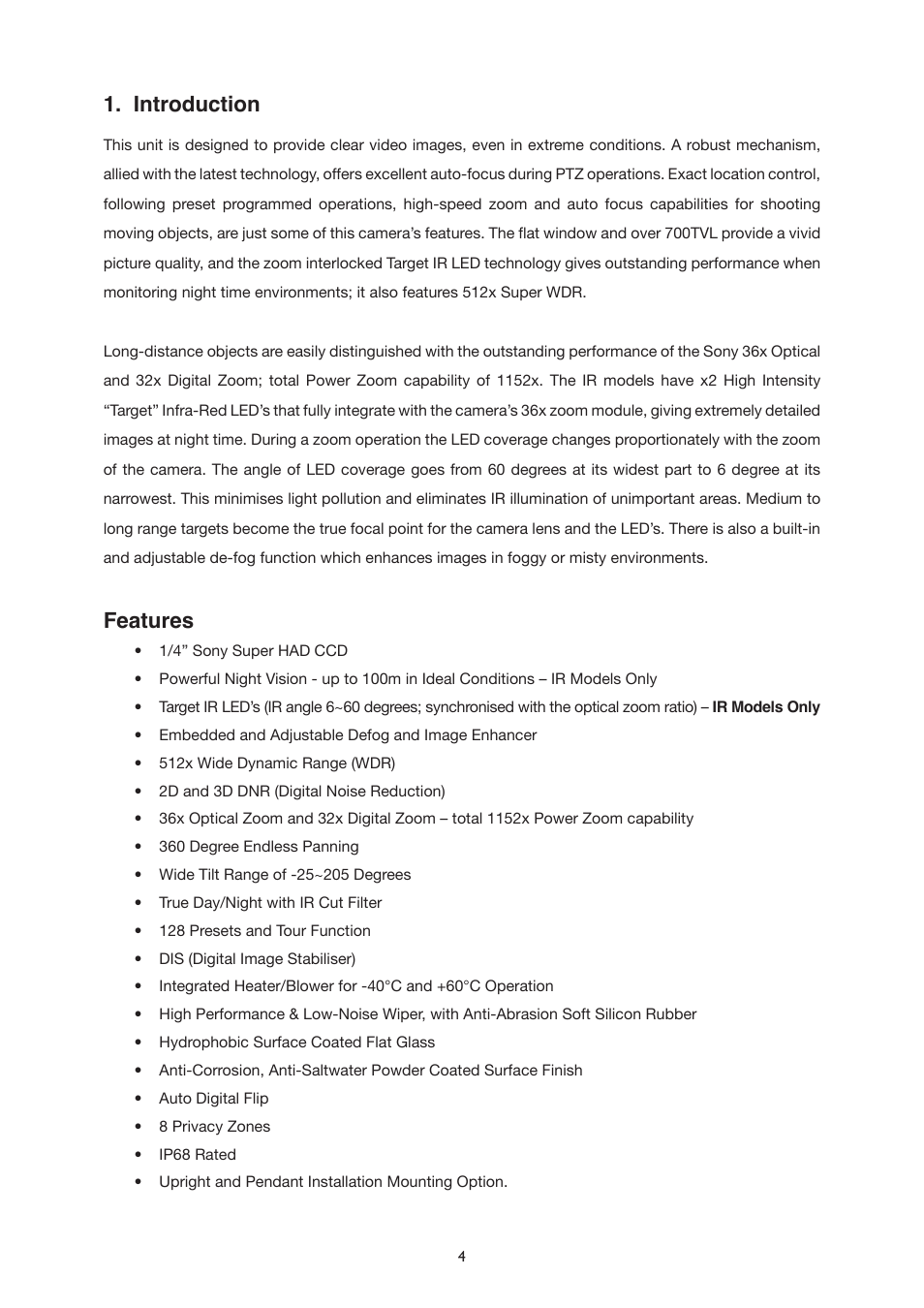 Introduction, Features | IC Realtime The Sentinal WDR 36x Optical Zoom, 32x Digital Zoom IR PTZ Camera User Manual | Page 4 / 47