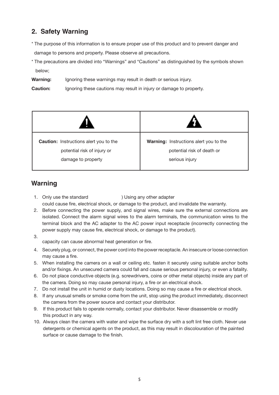 Safety warning, Warning | IC Realtime The Sentinal WDR 36x Optical Zoom, 32x Digital Zoom IR PTZ Camera User Manual | Page 5 / 47