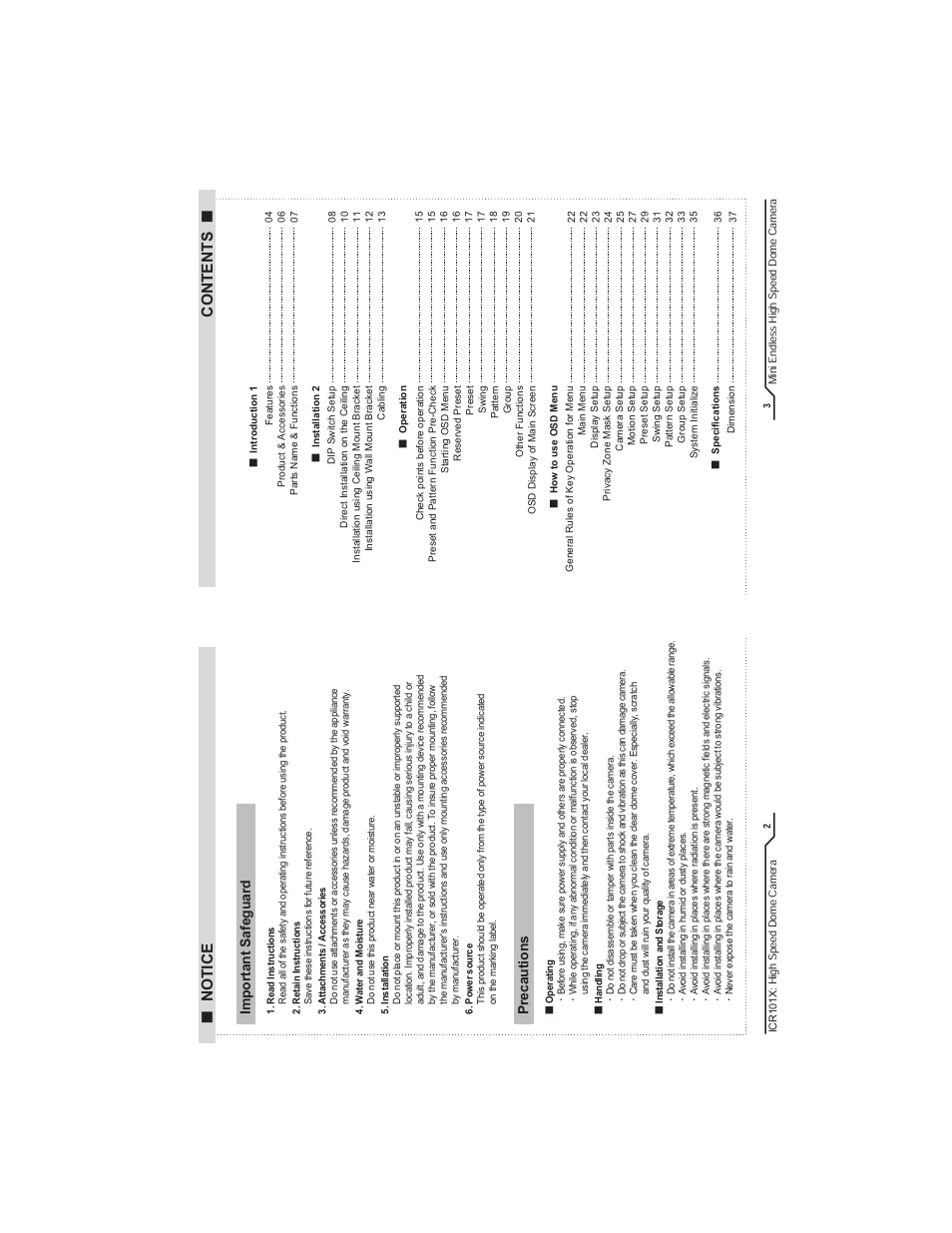 Notice contents, Mi ni en dle ss h igh sp ee d d om e c am era, Hig h s pe ed d om e c am era | IC Realtime Mini-Size High Speed PTZ Dome Camera (ICR101X) User Manual | Page 3 / 21