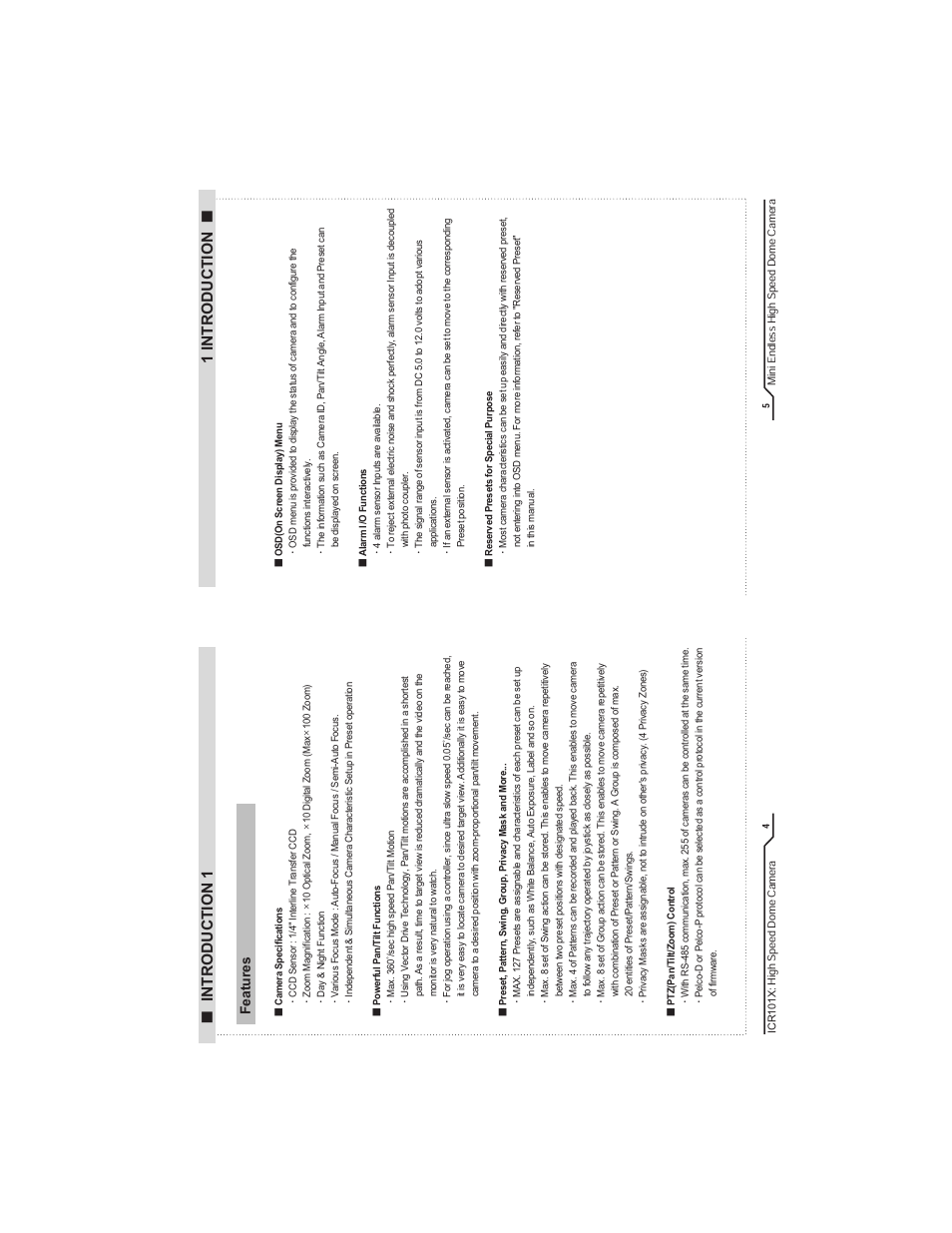 Introduction 1 1 introduction, Mi ni en dle ss h igh sp ee d d om e c am era, Hig h s pe ed d om e c am era | Fe a tu re s | IC Realtime Mini-Size High Speed PTZ Dome Camera (ICR101X) User Manual | Page 4 / 21