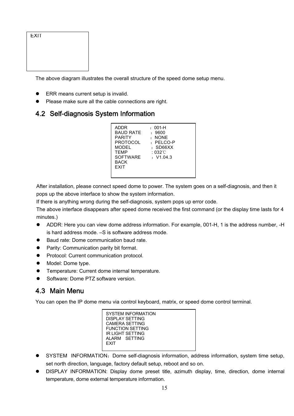 2 self-diagnosis system information, 3 main menu | IC Realtime 600TVL / 650TVL 23X High Speed PTZ Camera with 250' IR User Manual | Page 22 / 41