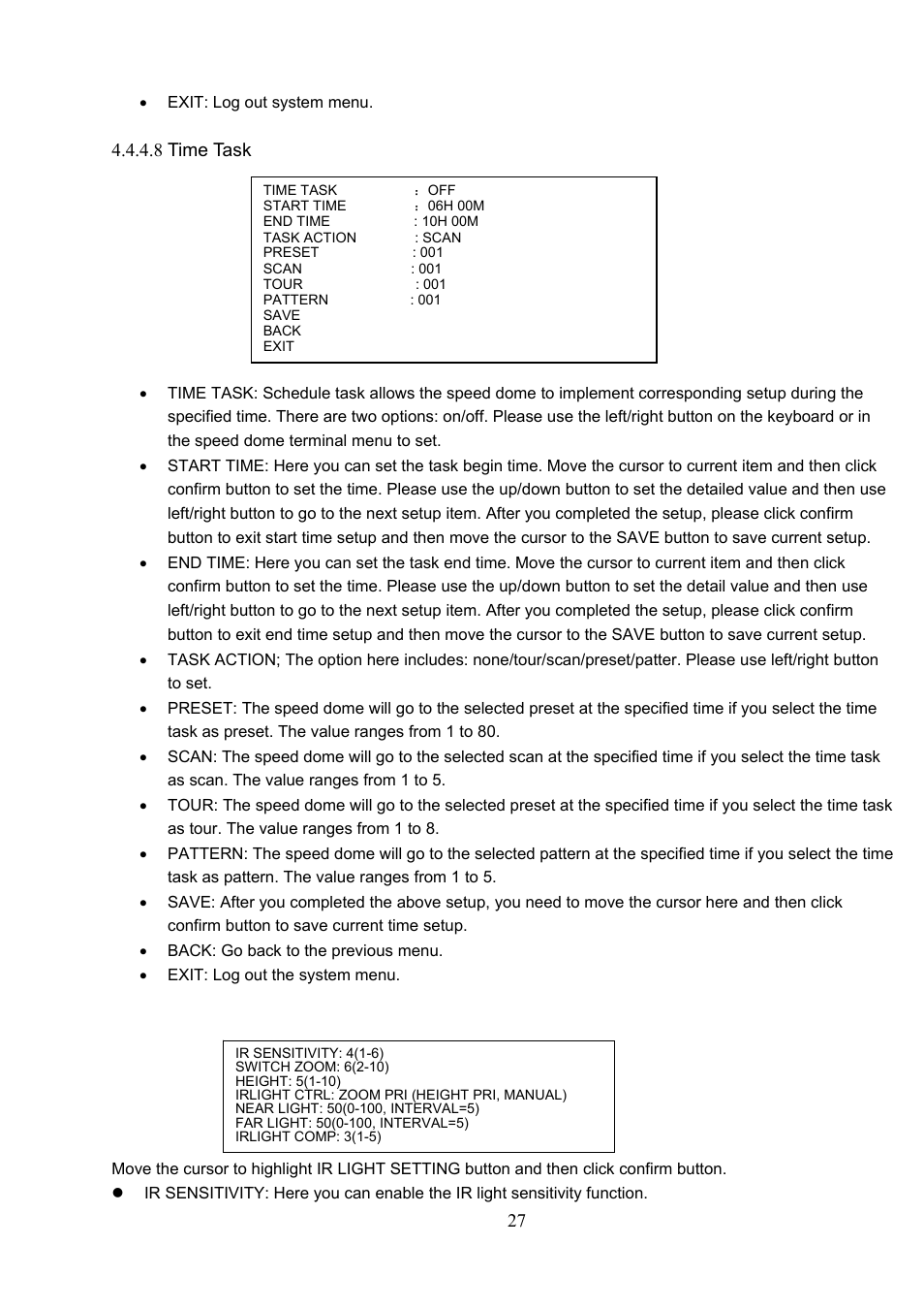 8 time task | IC Realtime 600TVL / 650TVL 23X High Speed PTZ Camera with 250' IR User Manual | Page 34 / 41