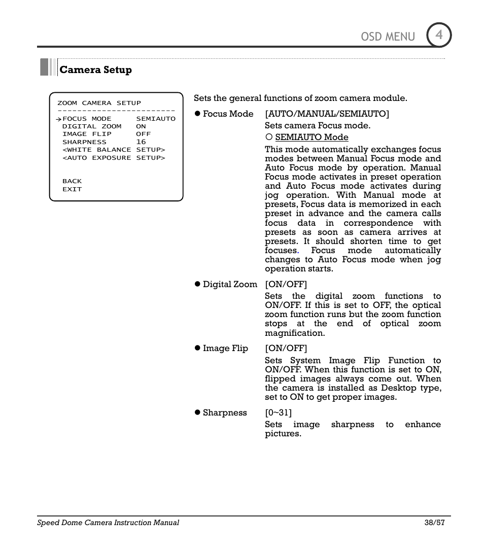 Icr-100x 38, Osd menu | IC Realtime 480TVL Super Night Vision Outdoor AF 22X Zoom Camera (ICR200X) User Manual | Page 30 / 46