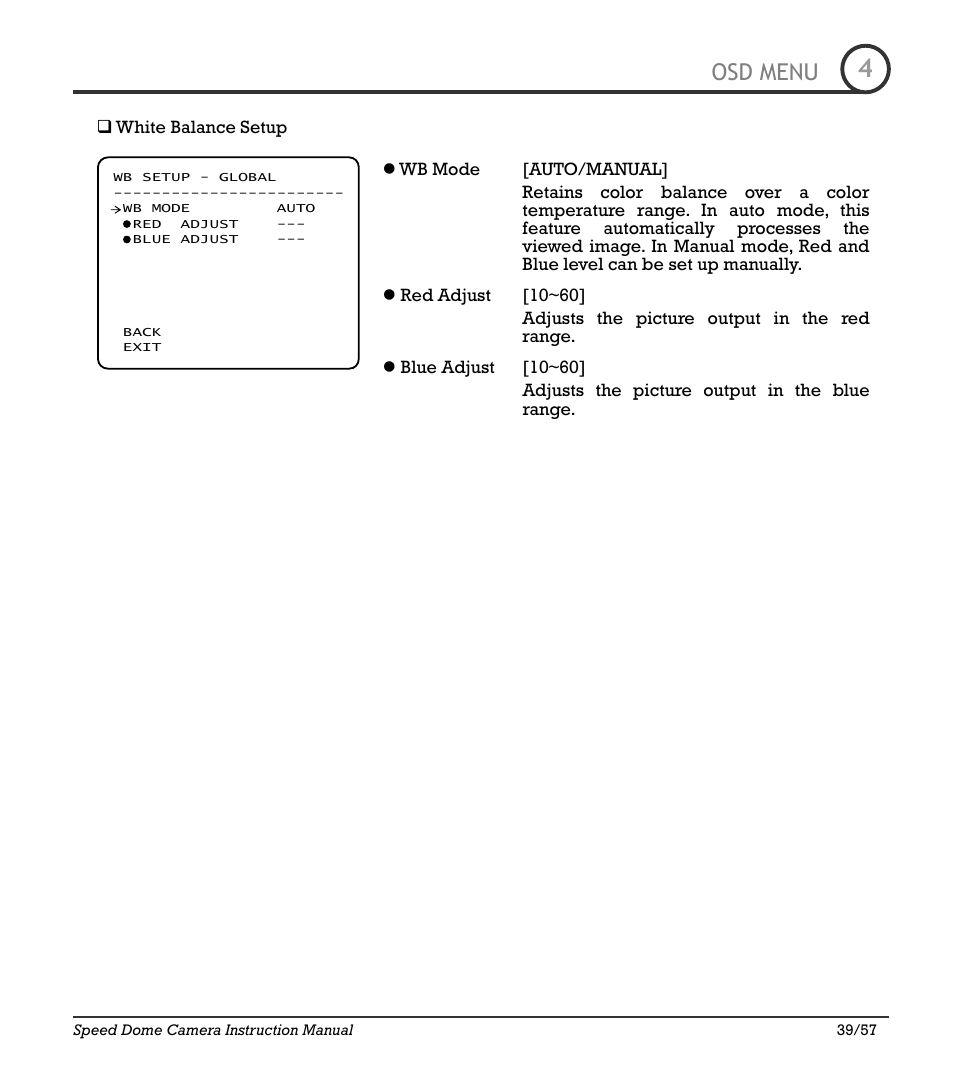 Icr-100x 39, Osd menu | IC Realtime 480TVL Super Night Vision Outdoor AF 22X Zoom Camera (ICR200X) User Manual | Page 31 / 46