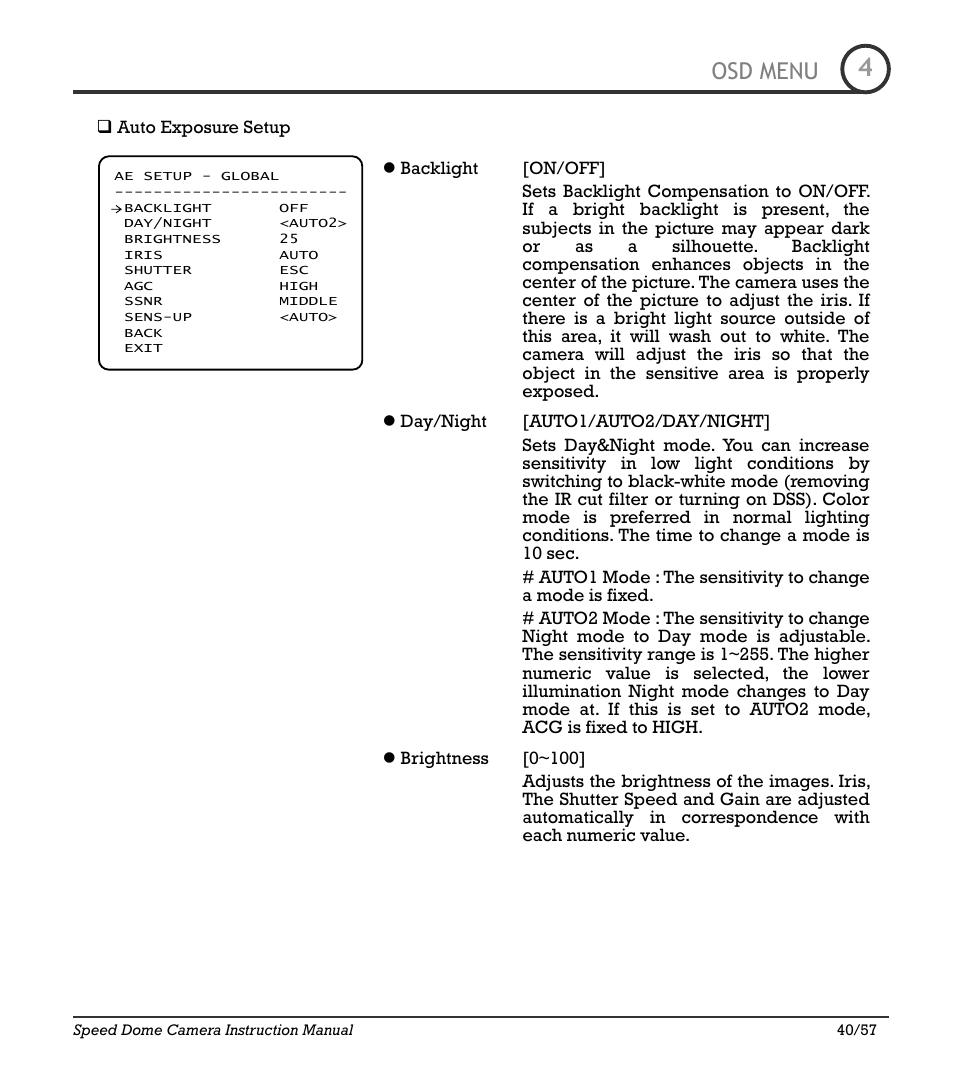 Icr-100x 40, Osd menu | IC Realtime 480TVL Super Night Vision Outdoor AF 22X Zoom Camera (ICR200X) User Manual | Page 32 / 46