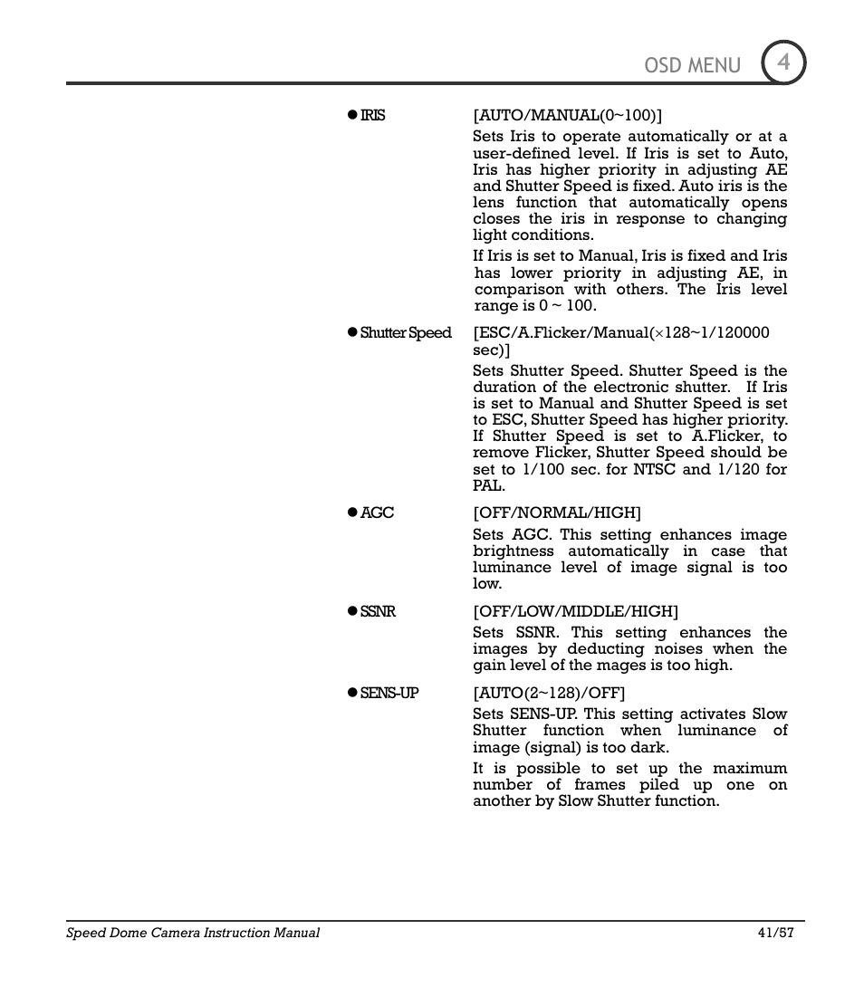 Icr-100x 41, Osd menu | IC Realtime 480TVL Super Night Vision Outdoor AF 22X Zoom Camera (ICR200X) User Manual | Page 33 / 46