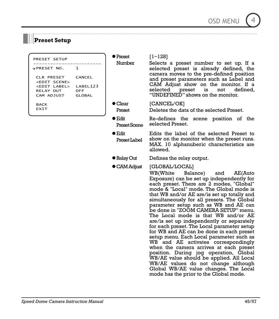 Icr-100x 45, Osd menu | IC Realtime 480TVL Super Night Vision Outdoor AF 22X Zoom Camera (ICR200X) User Manual | Page 37 / 46