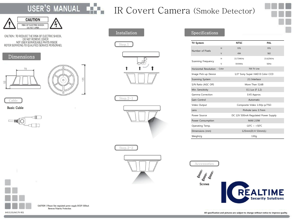 IC Realtime Smoke detector covert camera with IR (ICRSMOKEIR) User Manual | 1 page