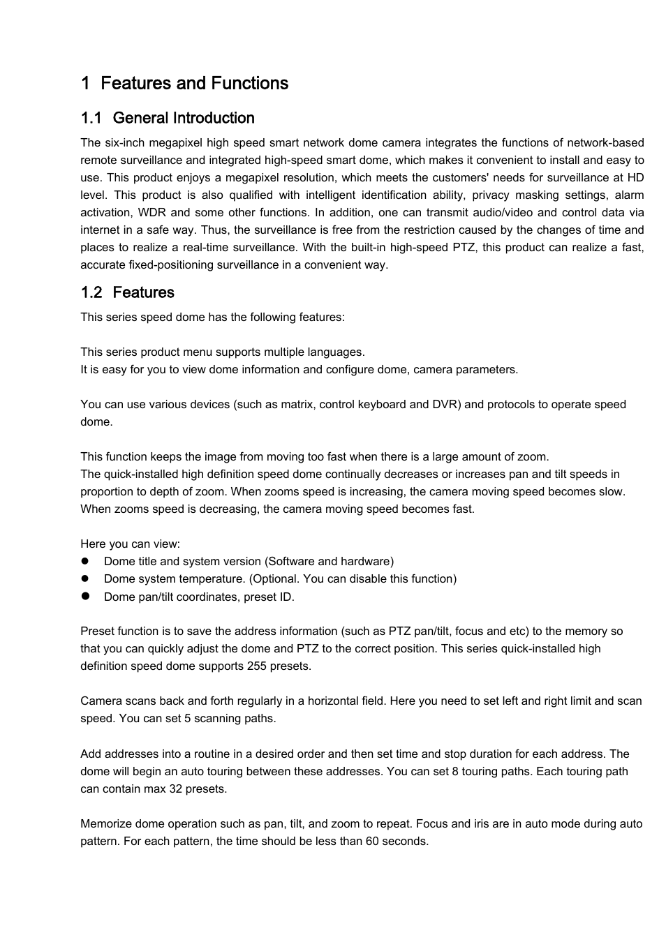 1 features and functions, 1 general introduction, 2 features | IC Realtime 1.3 Megapixel 18X PTZ Network Camera (ICIPMP1801S) User Manual | Page 7 / 33