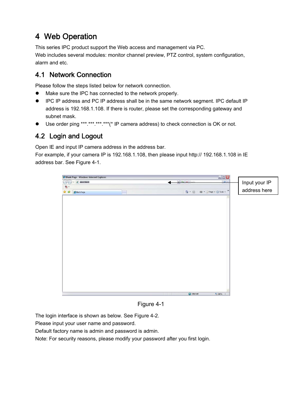 4 web operation, 1 network connection, 2 login and logout | IC Realtime 3.0 MegaPixel 8-16mm VF IP66 IP Bullet/Box Camera with IR & POE (ICIPS3000AF) User Manual | Page 13 / 16